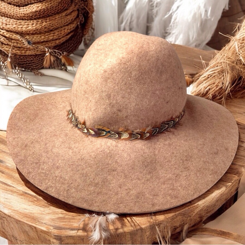 MERONA Brown Boho Festival Floppy Hat with Feather Band